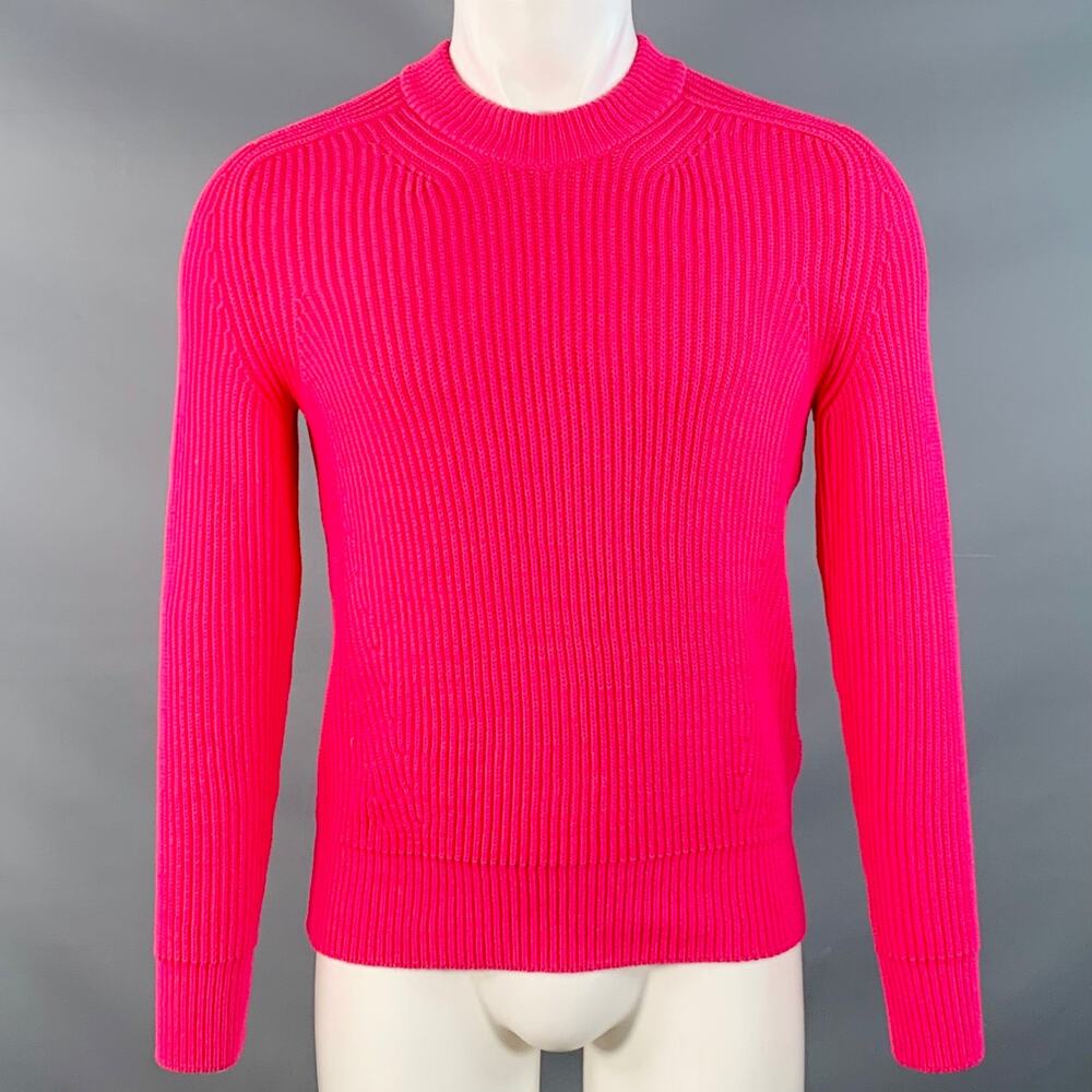 AMI by ALEXANDRE MATTIUSSI Fuchsia Pink Rib Knit Cotton Blend Crew Neck Sweater